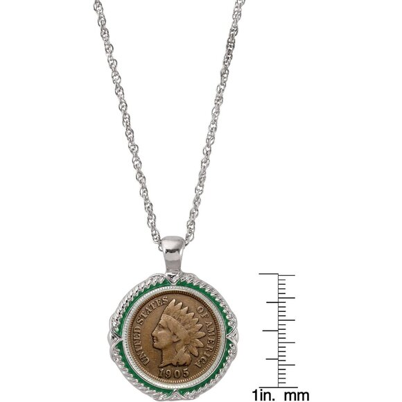 Unique Indian Head Penny Necklace - Green Enamel & Lobster Clasp, Gift-Ready Box - Picture 3 of 5